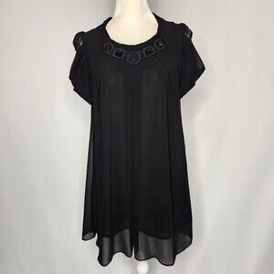 Ryu Black Lace Sleeve Gem Neck Dress